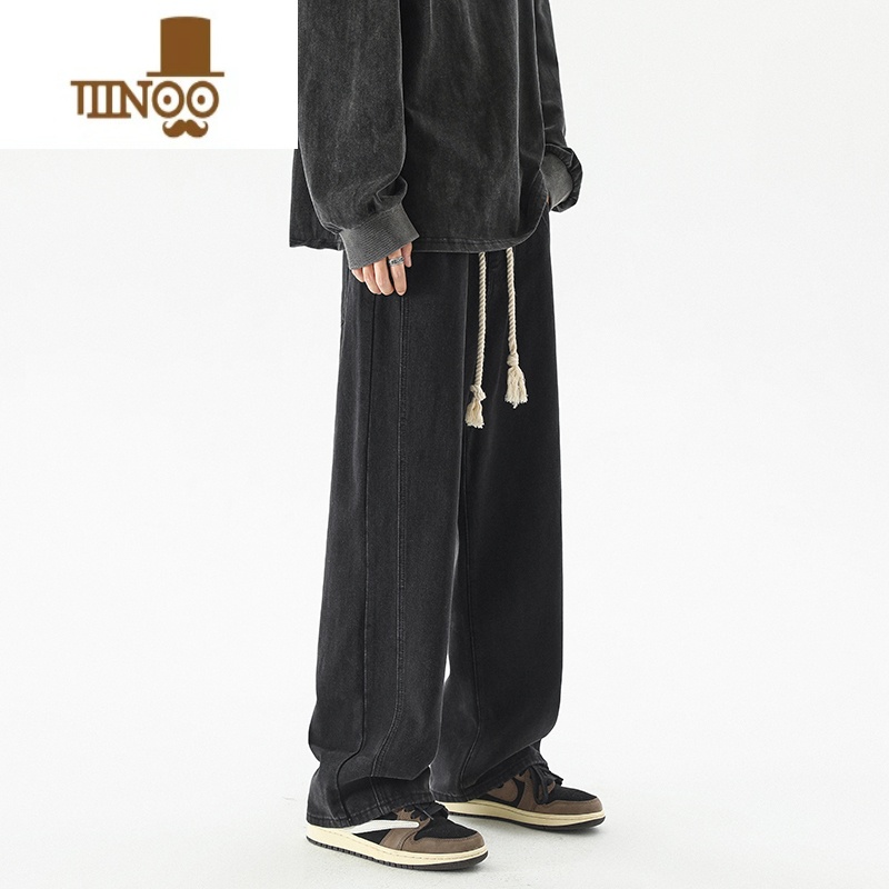YANXU黑色牛仔裤男美式高街潮牌宽松阔腿长裤夏季直筒复古抽绳裤子