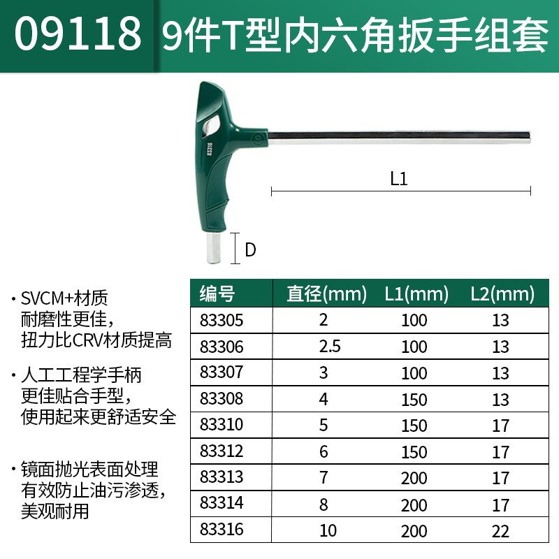 世达(SATA)T型六角扳手套9个 M8-M19 9118高清大图