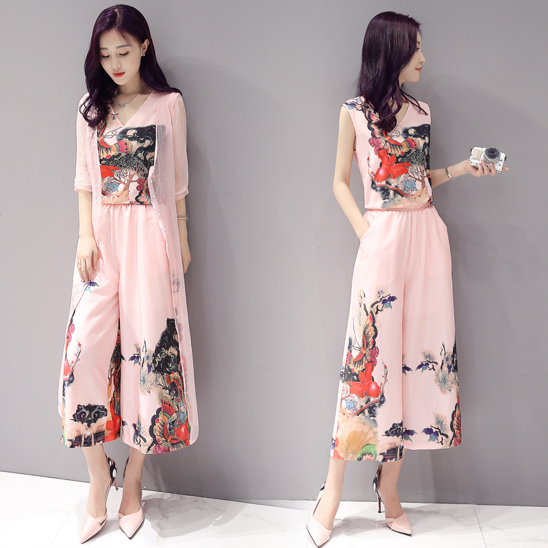 时尚民族风雪纺阔腿裤套装夏款女女士新品水墨画印花裙裤三件套潮