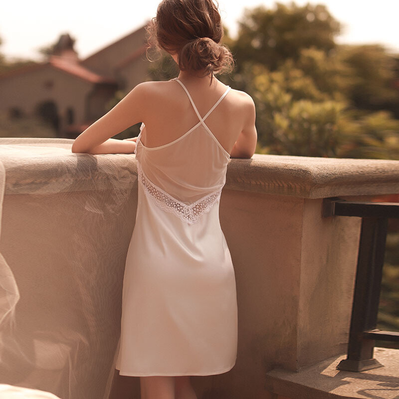 波迷娜(bomina)往季夏新款微透私房美背睡裙性感睡衣女夏蕾丝涤纶睡裙