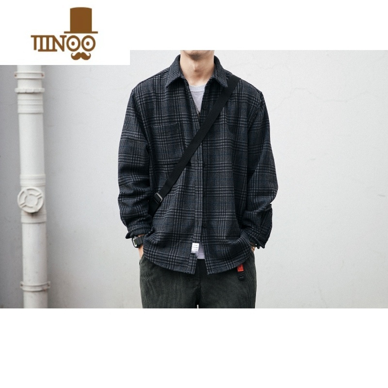 YANXU日系复古工装格子衬衫男长袖潮流宽松百搭休闲磨毛衬衣外U高清大图