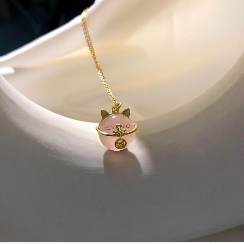 粉色可爱招财猫项链女锁骨链简约小清新猫咪玉髓吊坠饰品招财猫项链