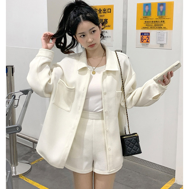 套装女2023春夏季翻领小香风长袖外套短裤两件套温柔淑女百搭_4422 米杏色 M