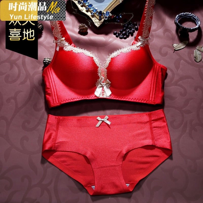 云无心(yunwuxin)文胸套装 yunwuxin大红色女士无钢圈本命年内衣 一套