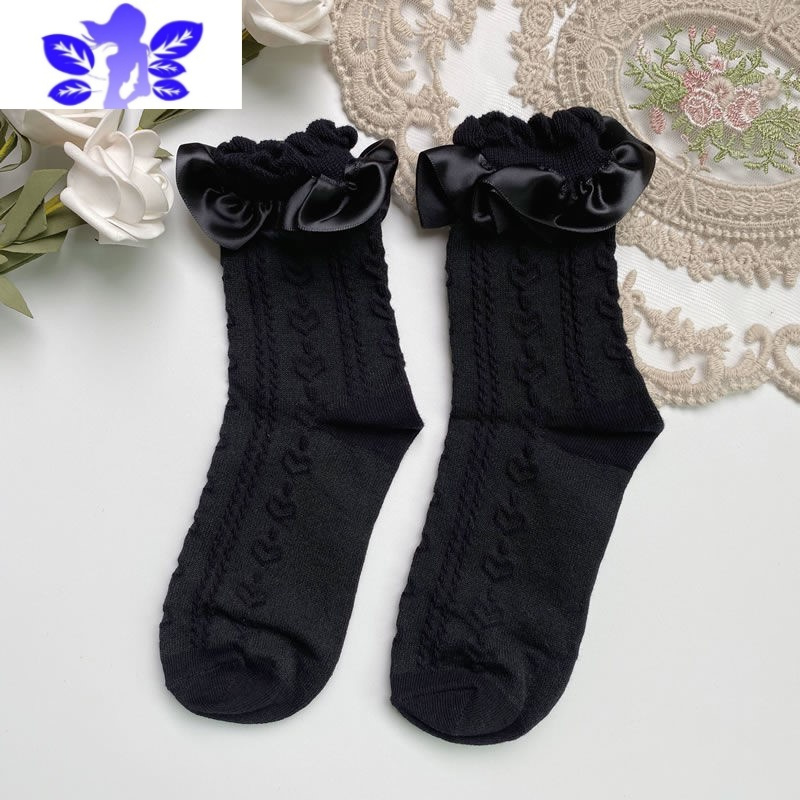 Ideamini 洛丽塔少女缎面花边泡泡口短袜百搭可爱爱心花朵jk中筒袜堆堆袜袜子