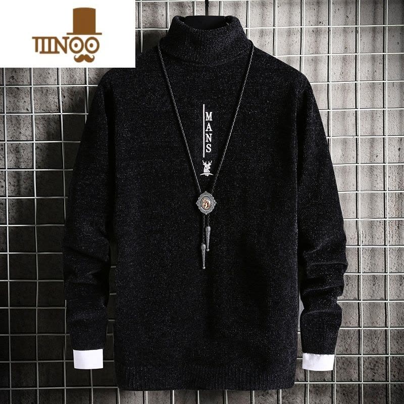 YANXU雪尼尔高领毛衣男韩版修身针织线衫潮流加厚男装打底上衣服图片