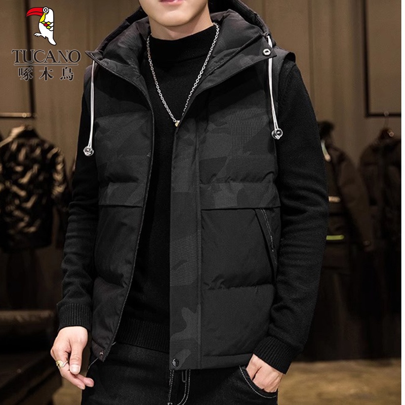 啄木鸟连帽羽绒马甲男士坎肩背心冬季新款潮牌加厚保暖马夹外夹马高清大图