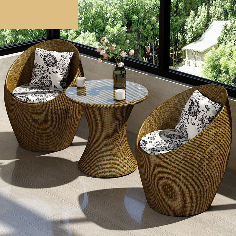 藤椅三件套阳台小桌椅一桌两椅茶几组合庭院户外休闲 鸟巢2椅+1桌[金色]