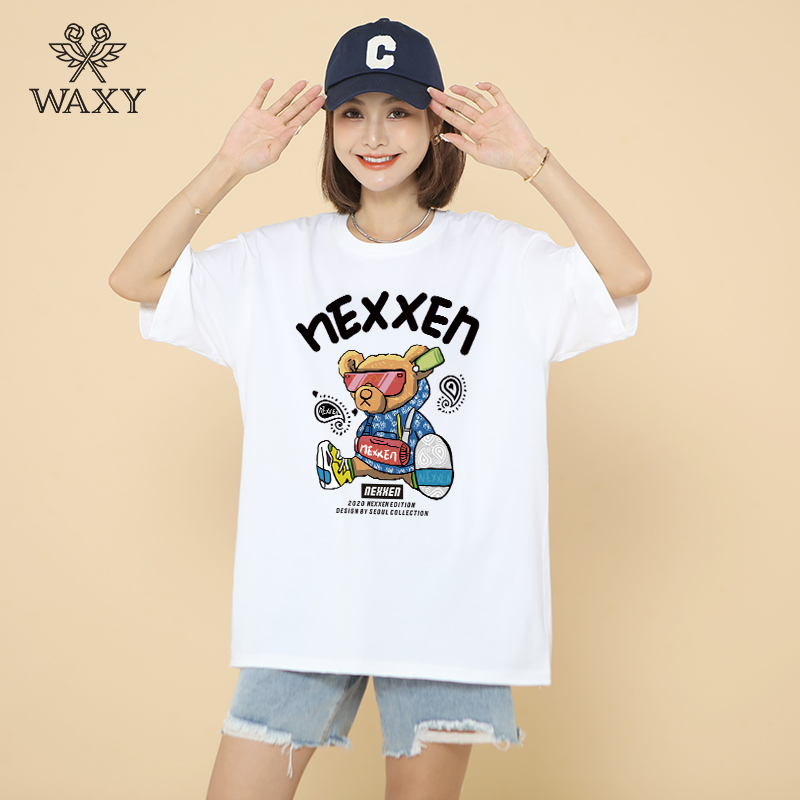 WAXY纯棉短袖T恤女2022夏季新款学生韩版宽松半袖上衣印花字母ins
