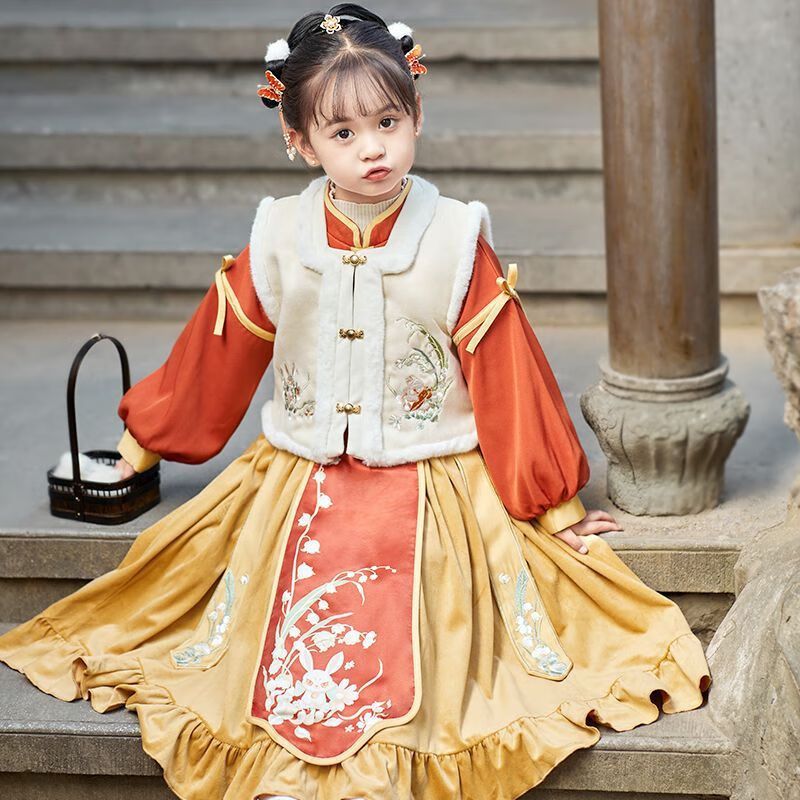 品牌汉服女童冬款超仙古装女孩连衣裙加厚加绒宝宝唐装兔年拜年服儿童