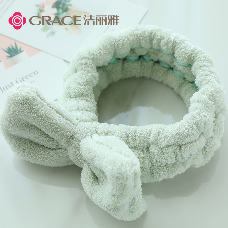 洁丽雅(Grace)浴巾 可爱女家用非纯棉成人吸水裹巾速干可爱 毛巾浴巾 干发帽束发带 绿色四件套*1高清大图