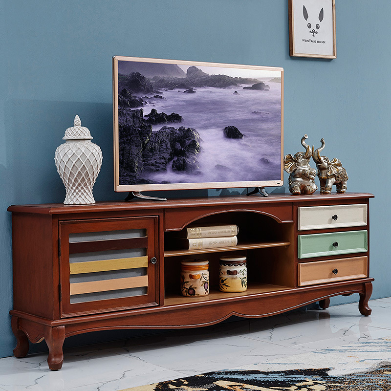 美式乡村电视柜复古做旧视听彩绘实木地中海风格客厅家具茶几地柜