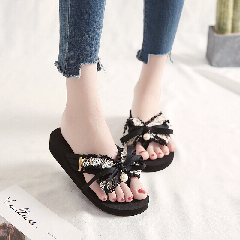 克卜勒新款珍珠蝴蝶结夹趾人字拖女外穿少女风软妹韩版蕾丝边夹板拖鞋