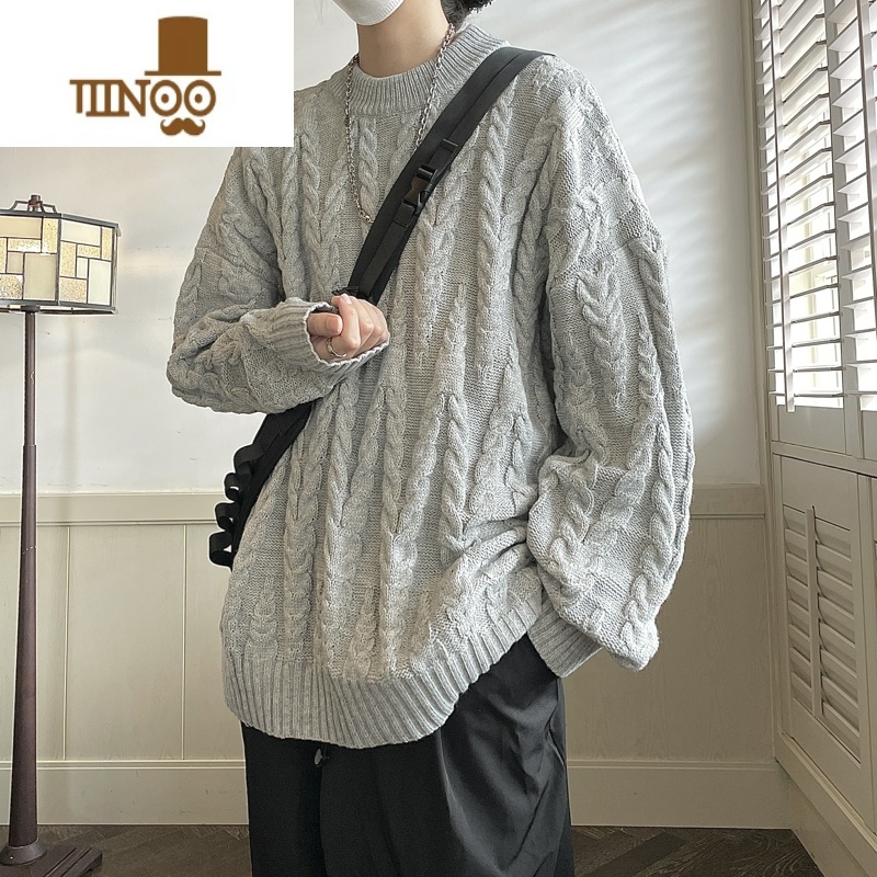 YANXU日系麻花宽松毛衣外穿男女情侣韩版设计慵懒风港风圆领针织外套男高清大图