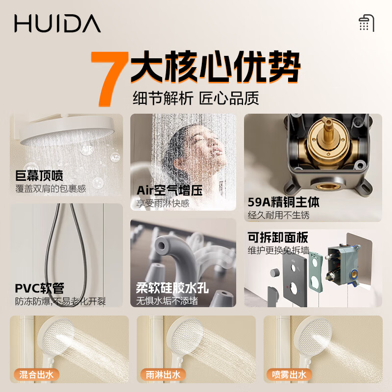 惠达（HUIDA）FM12C/FM52T/FM12C/FM25Z暗装花洒入墙式淋浴套装增压手持喷头隐藏嵌入式花洒高清大图