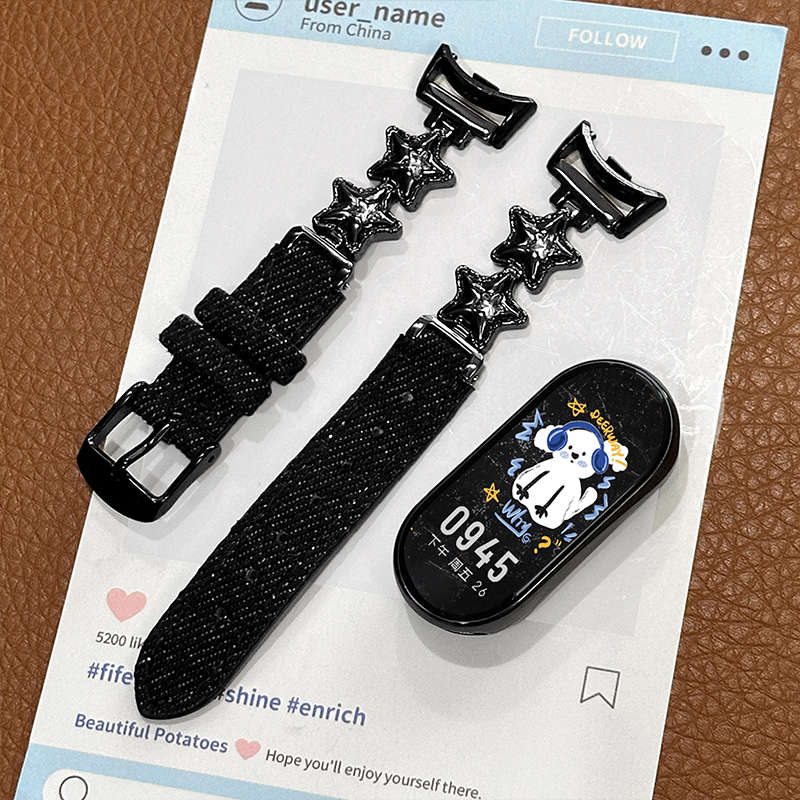 适用于小米手环10星星拼牛仔皮质表带小米9/8pro多巴胺金属新款女3139B高清大图