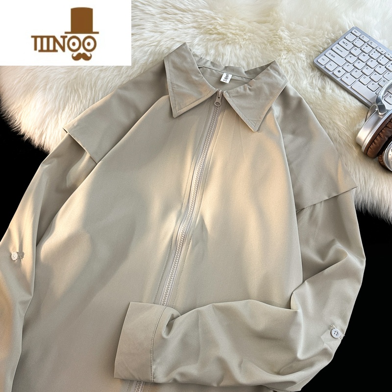 YANXU拉链痞帅白色衬衣男长袖小众设计感潮牌宽松港风复古纯色寸衫外套高清大图