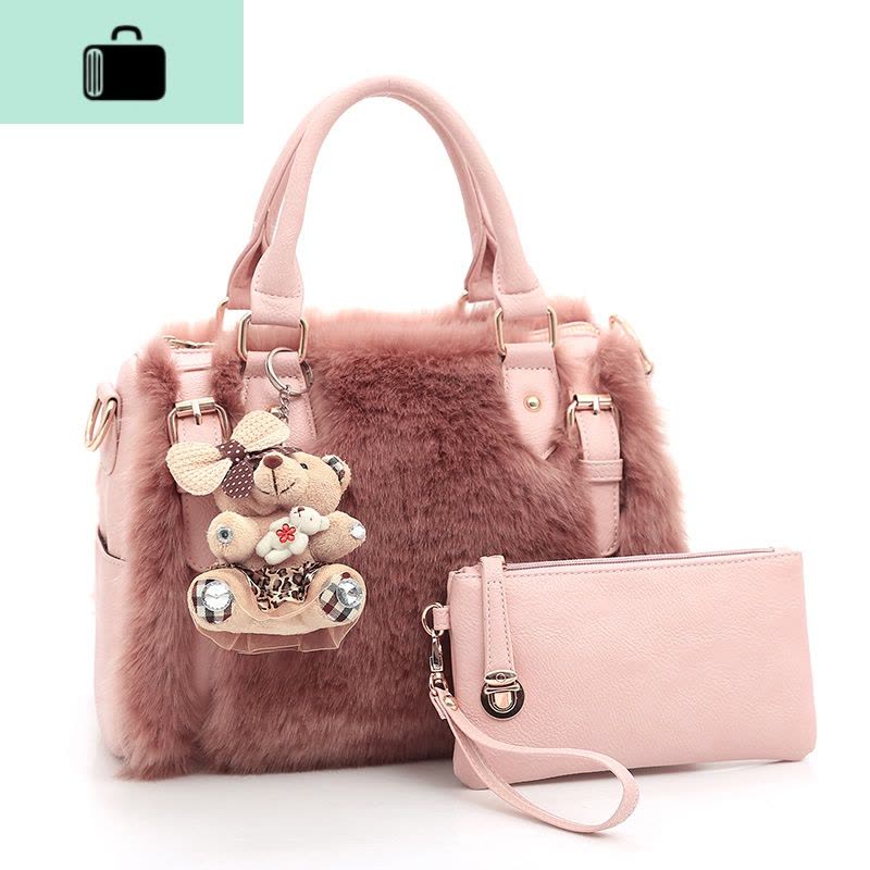 2019秋冬季春季毛毛包包机车女包手提包斜挎单肩包送小包送小熊NEW LAKE女士单肩包图片