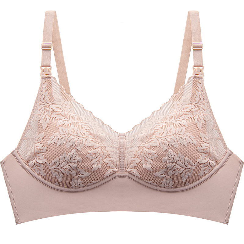 桑蚕丝无钢圈聚拢哺乳文胸蕾丝上开扣孕期哺乳期内衣盒装薄款