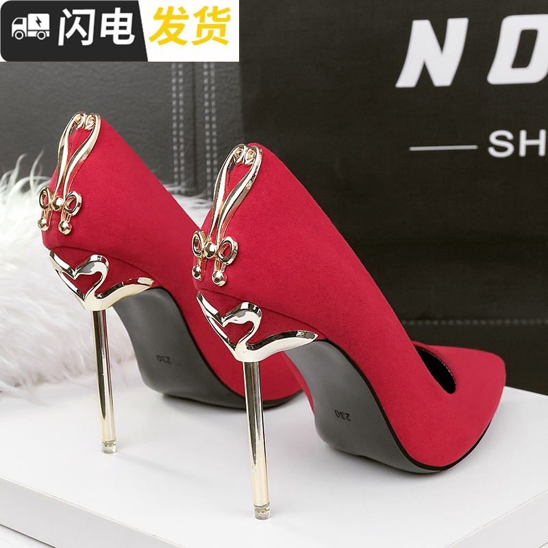 10~12CM公分以上新款亮片尖头高跟鞋细跟单鞋浅口性感夜店女潮鞋启如休闲鞋