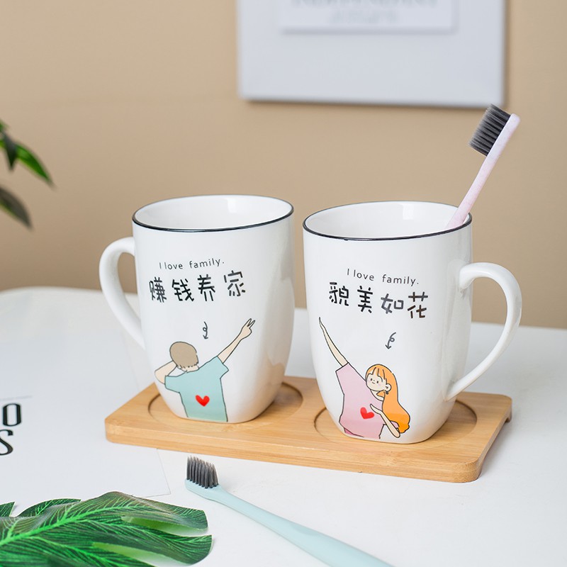 刷牙杯创意可爱洗漱杯套装一家三口情侣漱口杯一对卡通牙刷杯陶瓷 三维工匠 圆款爸爸+女儿+妈妈+竹托高清大图