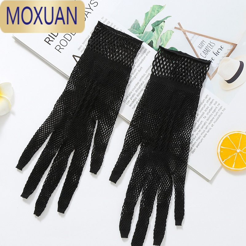 moxuan全指蕾丝骑车防晒手套女夏性感网纱露指防滑开车薄款优雅黑色