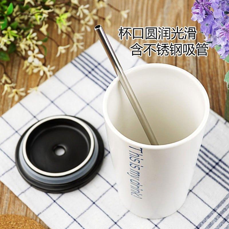 (400ML)时尚韩版创意吸管陶瓷杯带盖男女办公室咖啡马克杯学生清新成人情侣宽边水杯子生活日用水具水杯