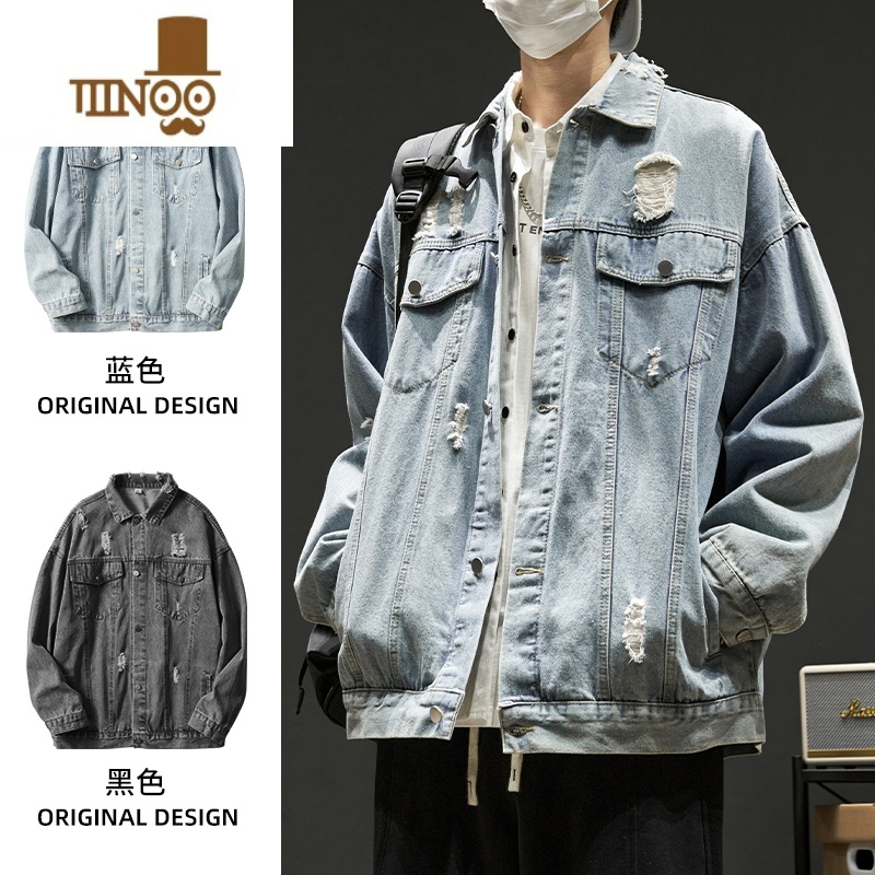YANXU牛仔外套男款男生水洗破洞工装夹克上衣秋季美式高街潮牌男装高清大图