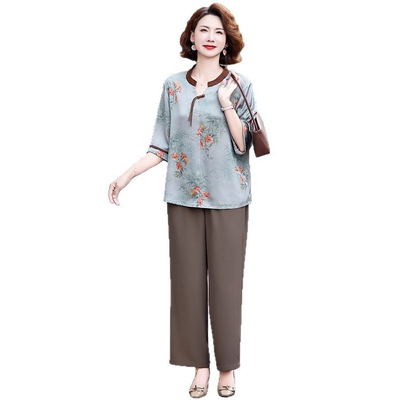 纤孜雅 中老年夏装套装新款妈妈短袖上衣中式洋气两件套夏季奶奶女装高清大图