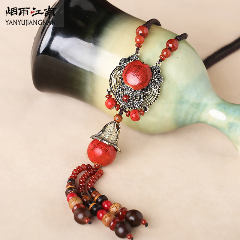 毛衣挂件配饰项链百搭民族风红色毛衣链长款陶瓷坠冬女送女朋友老婆