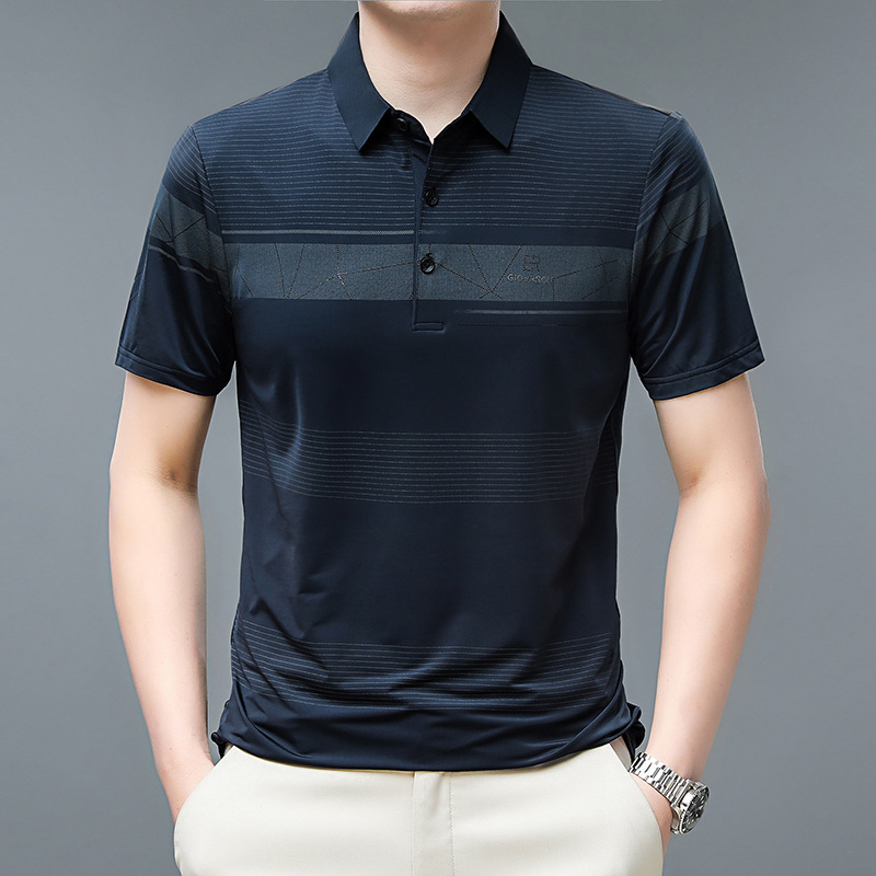 夏季新款男士polo衫纯色短袖t恤男冰丝薄款宽松翻领重磅男装 藏青 L