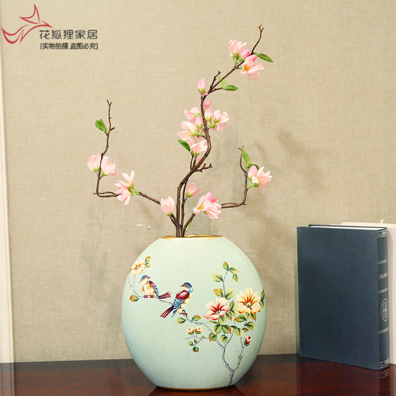 美式乡村创意陶瓷花瓶欧式仿真花艺套装客厅装饰插花结婚摆件 三维工匠 浅蓝款花瓶+黄色迎春花高清大图