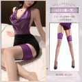 霏慕禁欲秘书荡领裸背制服套装包臀短裙性感情趣内衣女式衣服6511 紫+黑【上衣+包臀裙+T裤】+8310紫吊带长筒丝袜 均码