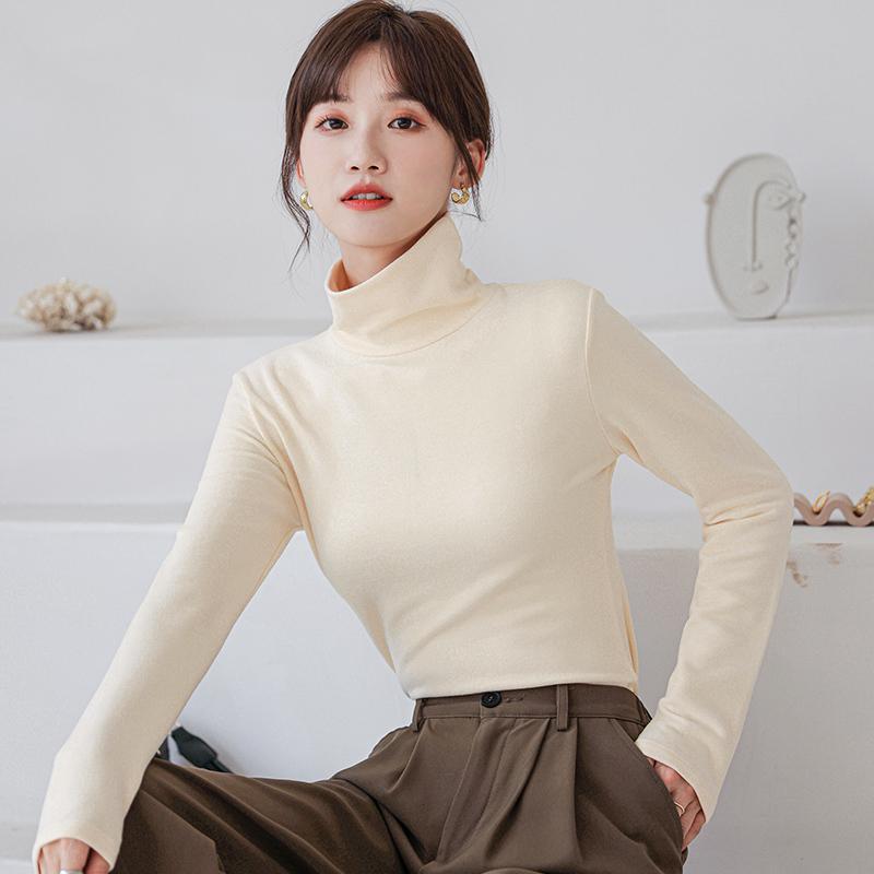 homme 长袖女t恤女 修身圆领纯色上衣 百搭 设计感 打底衫女 杏色