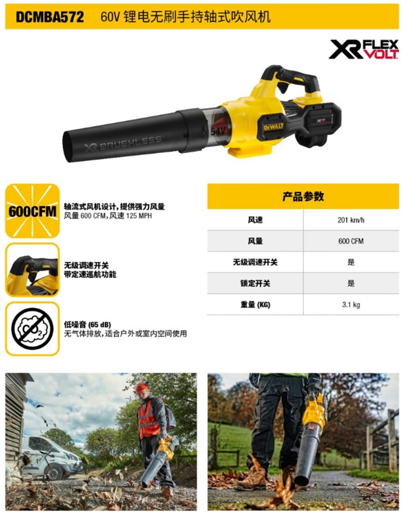 得伟60V锂电无刷手持轴式吹风机一电一充DCMBA572-12X1套高清大图