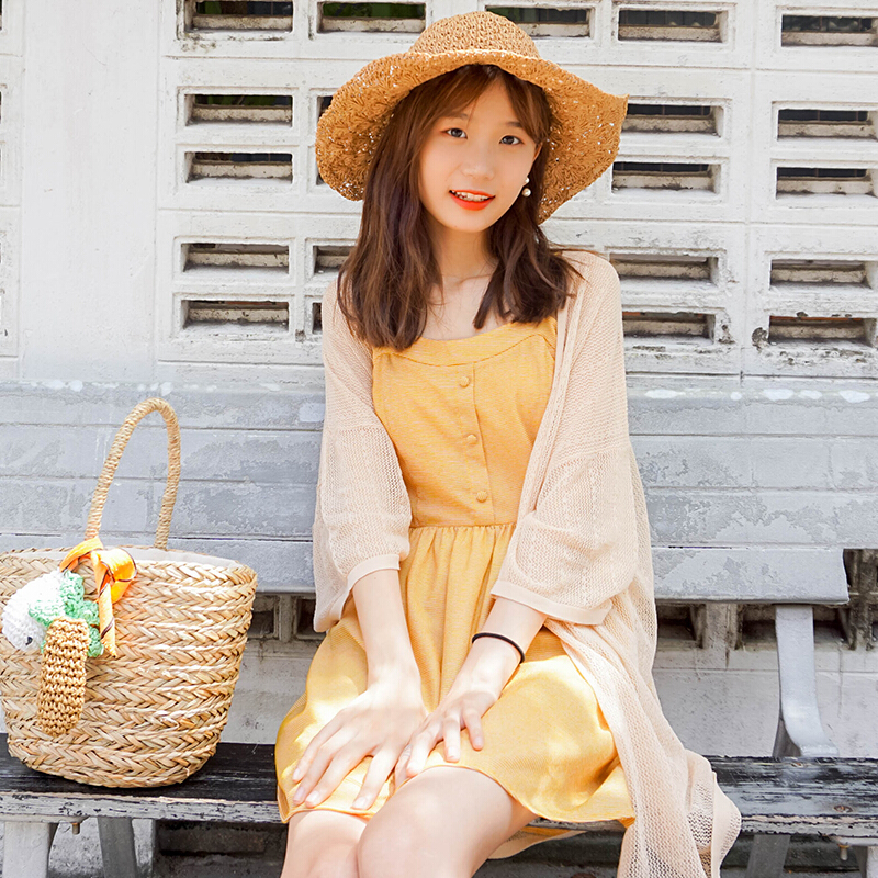 2018夏季裙子女复古无袖小清新黄色带连衣裙黄色