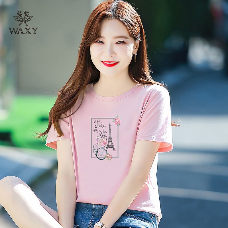waxy纯棉运动短袖t恤吸湿排汗减龄圆领上衣宽松韩版休闲透气体恤