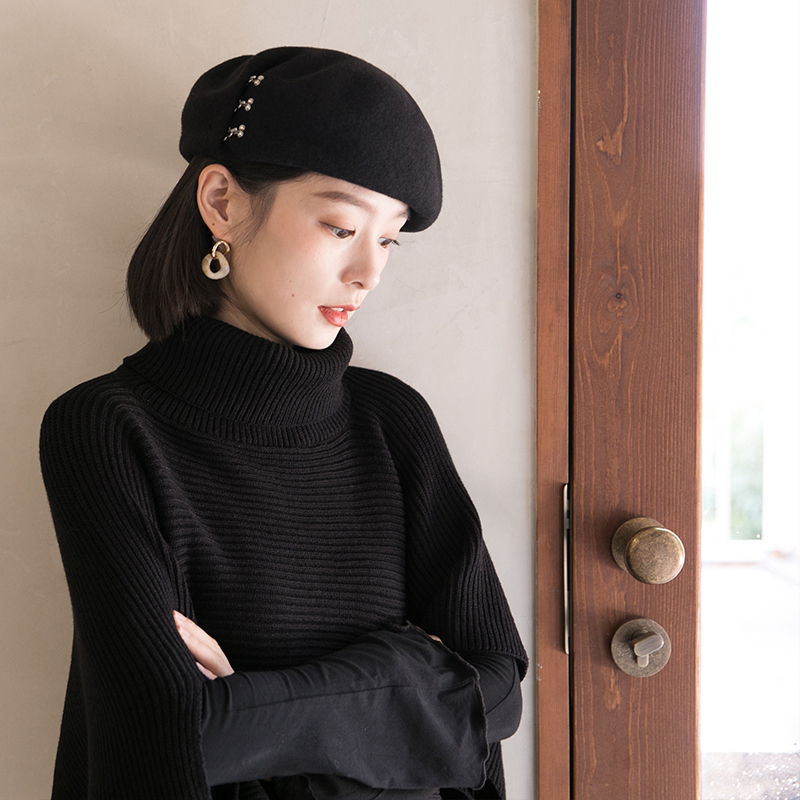 盛世尼曼新款贝雷帽女秋冬毛黑色英伦复古百搭画家帽冬季帽子女士蓓蕾