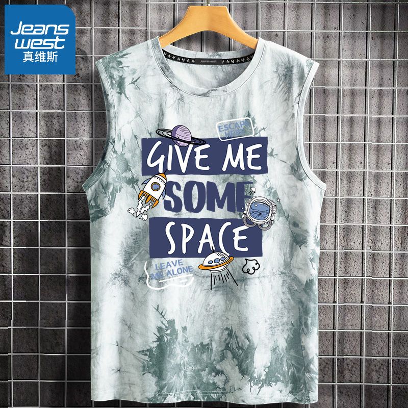 真维斯扎染无袖背心纯棉男夏季设计感t恤青少年宽松纯棉潮流汗衫