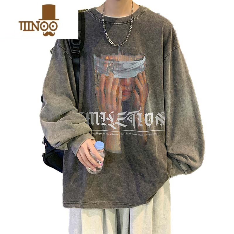 YANXU欧美高街vibe加绒卫衣男潮牌美式水洗做旧无帽长袖T恤高清大图