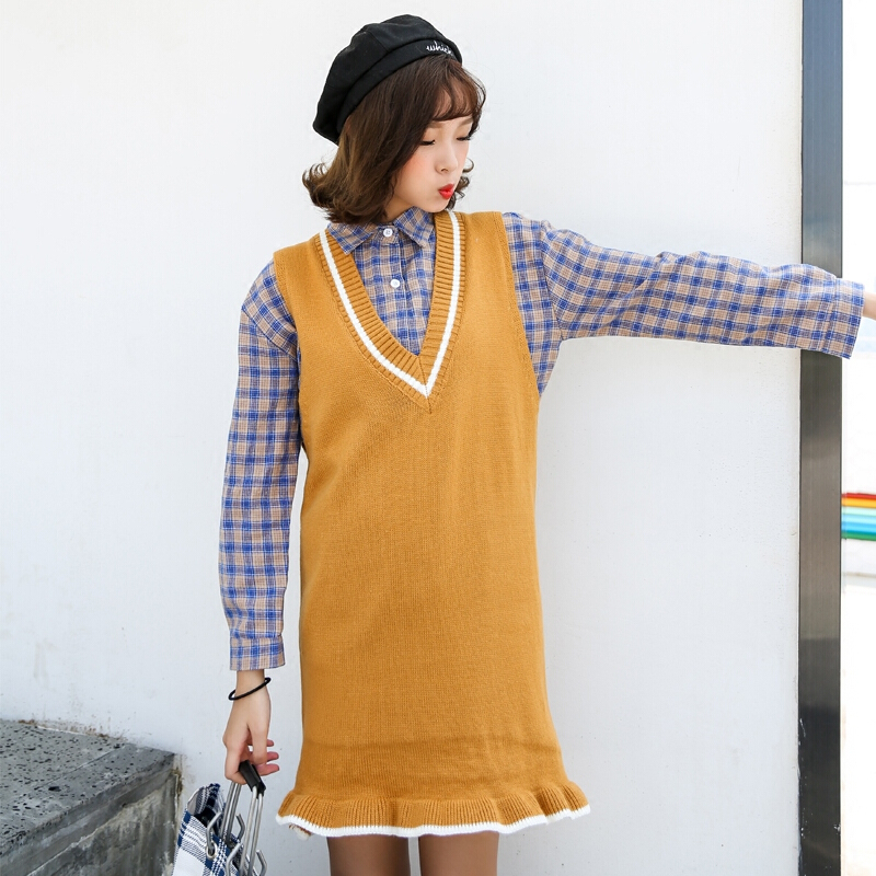 毛衣马甲背心女中长款韩版学生糖果色宽松v领荷叶边无袖针织裙潮灰色