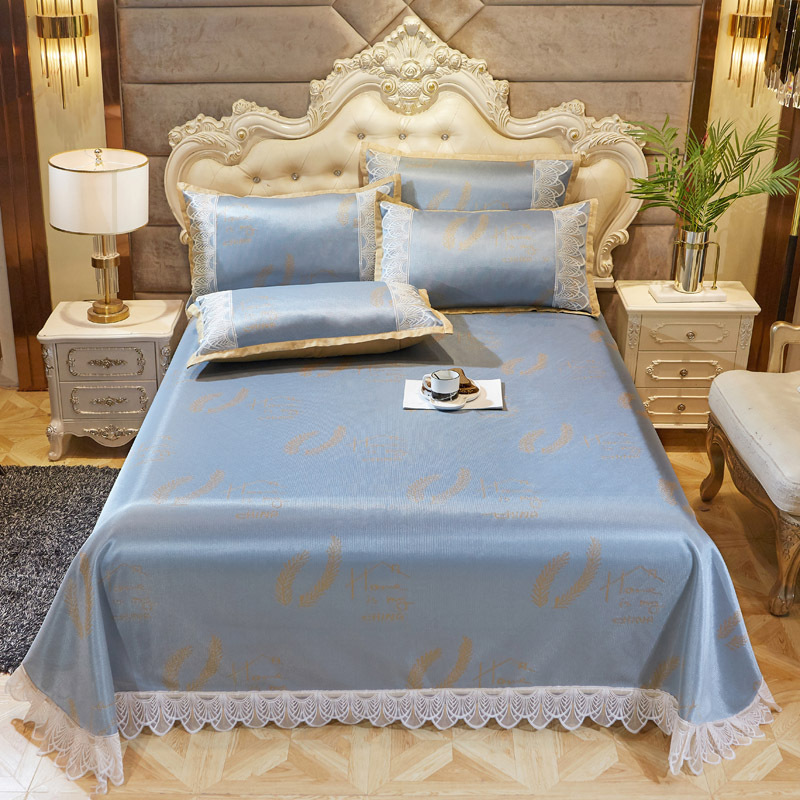 家柏饰(CORATED)冰丝凉席床1.5米床夏季冰丝席子三件套1.8米可水洗空调软席 冰藤提花床单款凉席-大麦蓝 1.8m（6英尺）床