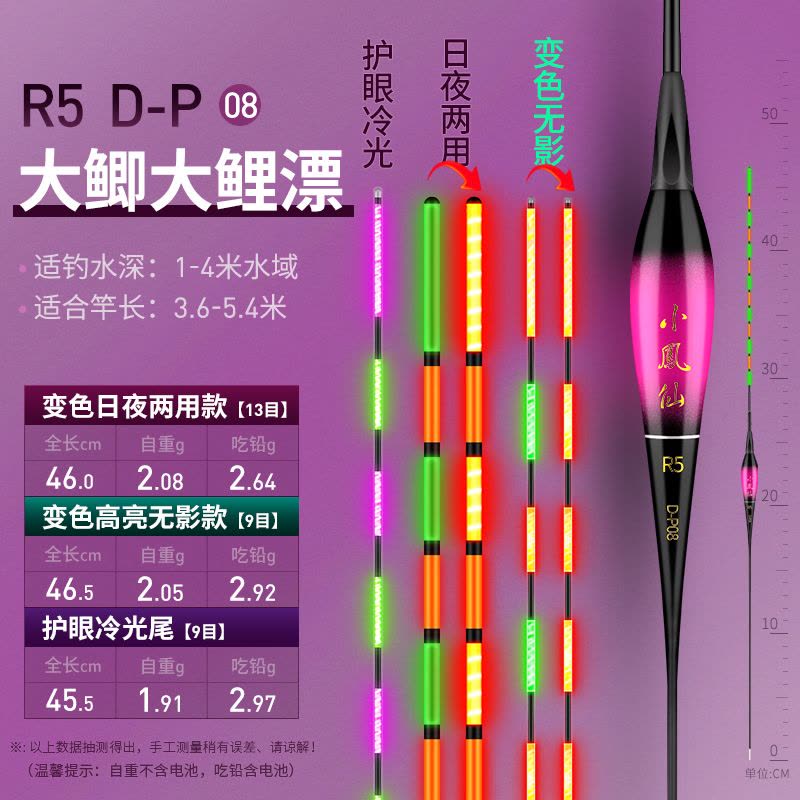 小凤仙咬钩变色夜光漂重力感应电子漂超亮夜钓浮漂鲫鱼漂鲤鱼草鱼鲢鳙日夜两用鱼标图片