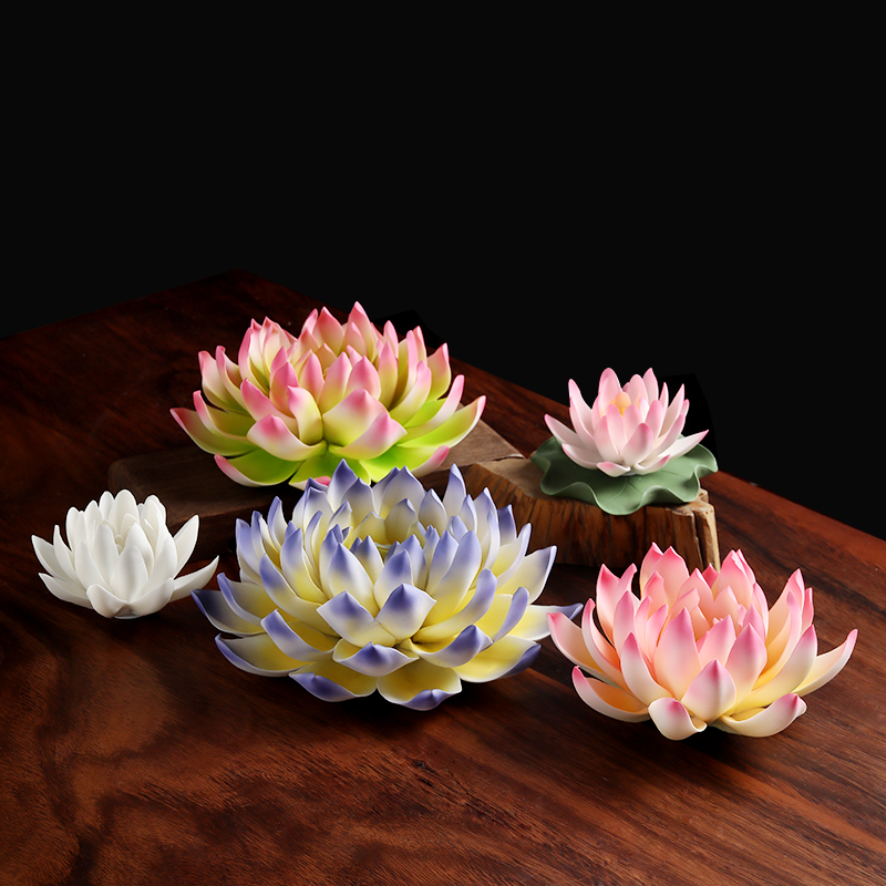 陶瓷莲花摆件手工艺品创意花朵新中式客厅桌面禅意装饰品 三维工匠 D04-80D帝王莲(蓝粉大号)高清大图