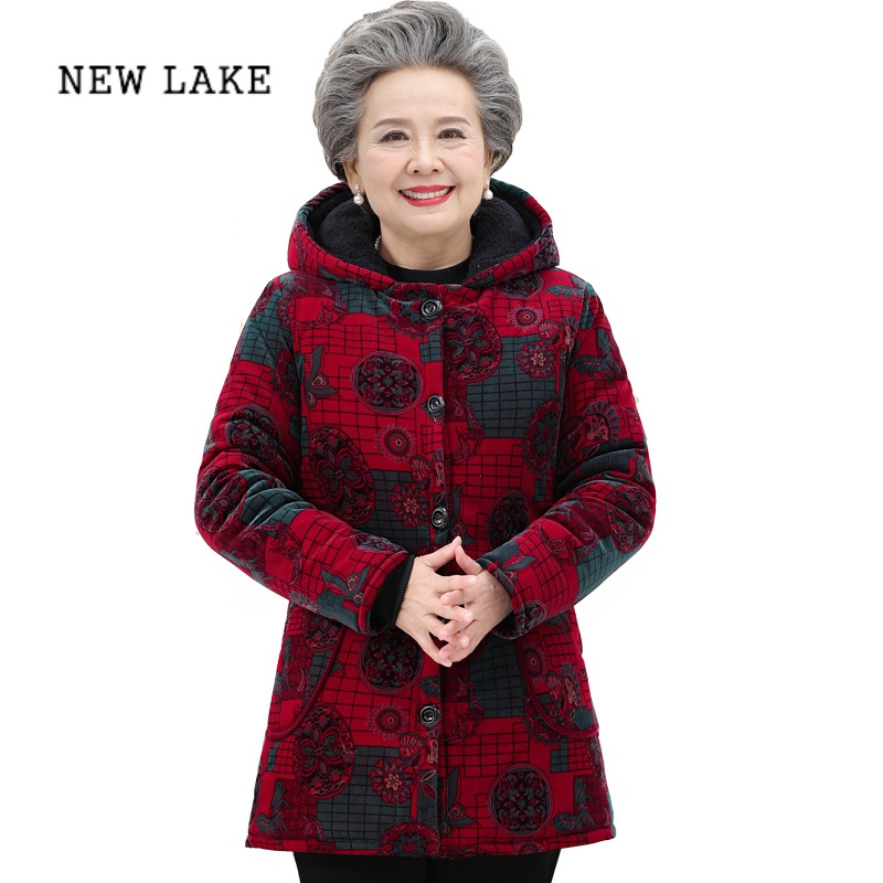 new lake中老年女装奶奶冬装太太棉衣中长款外套加绒加厚保暖60岁妈妈