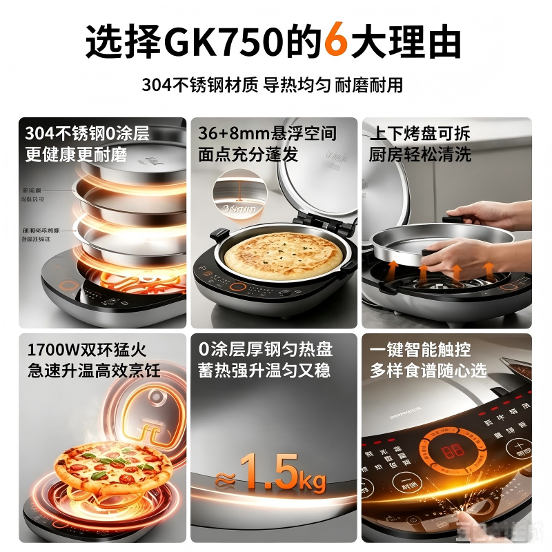 九阳 JK30‑GK750 电饼铛家用多功能双面加热不锈钢下盘可拆洗大直径煎烤机高清大图