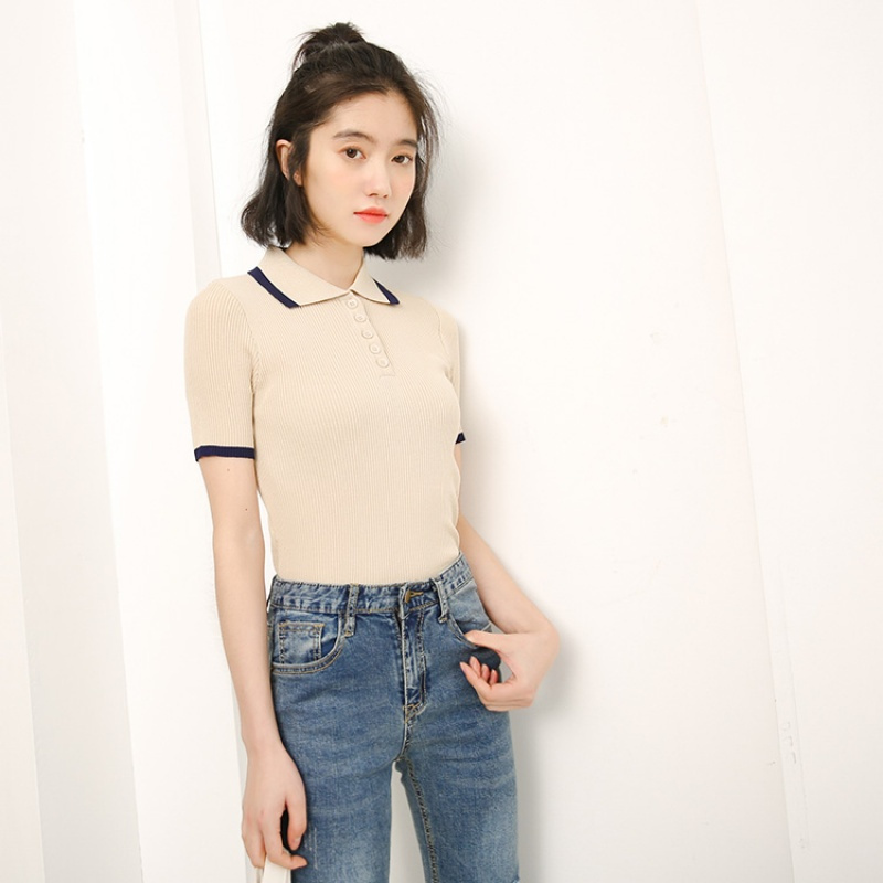 原宿polo衫女可爱学院风夏季韩版百搭紧身冰丝针织衫学生短袖T恤