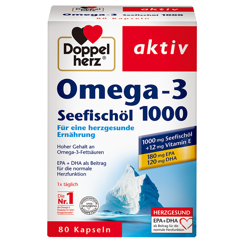 保税发-德国Doppelherz双心1000mg深海鱼油软胶囊80粒 omega3/DHA