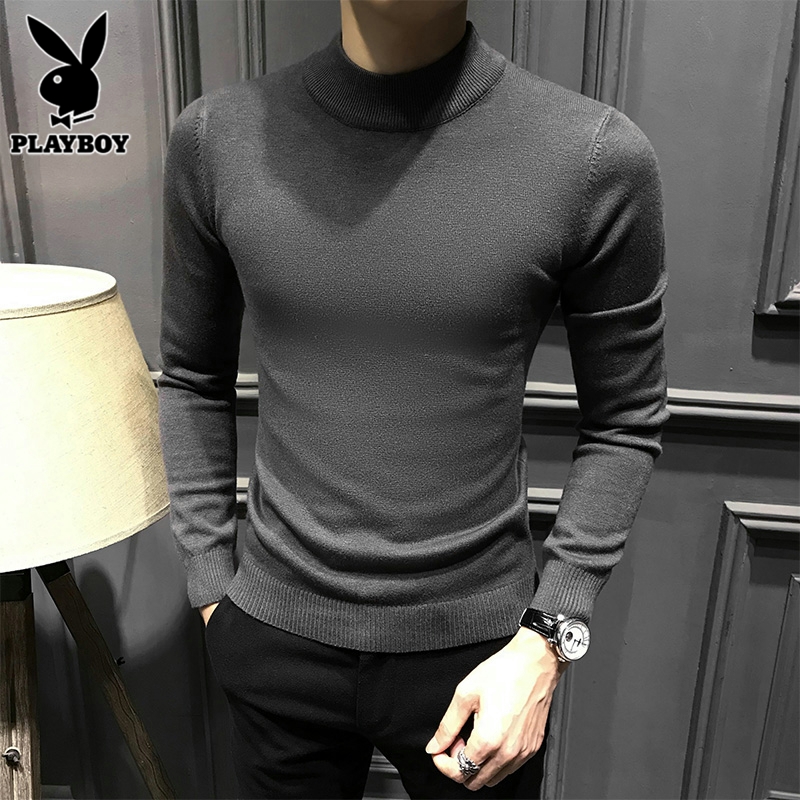花花公子半高领毛衣男士内搭打底衫线衣春季新款修身纯色针织衫男高清大图
