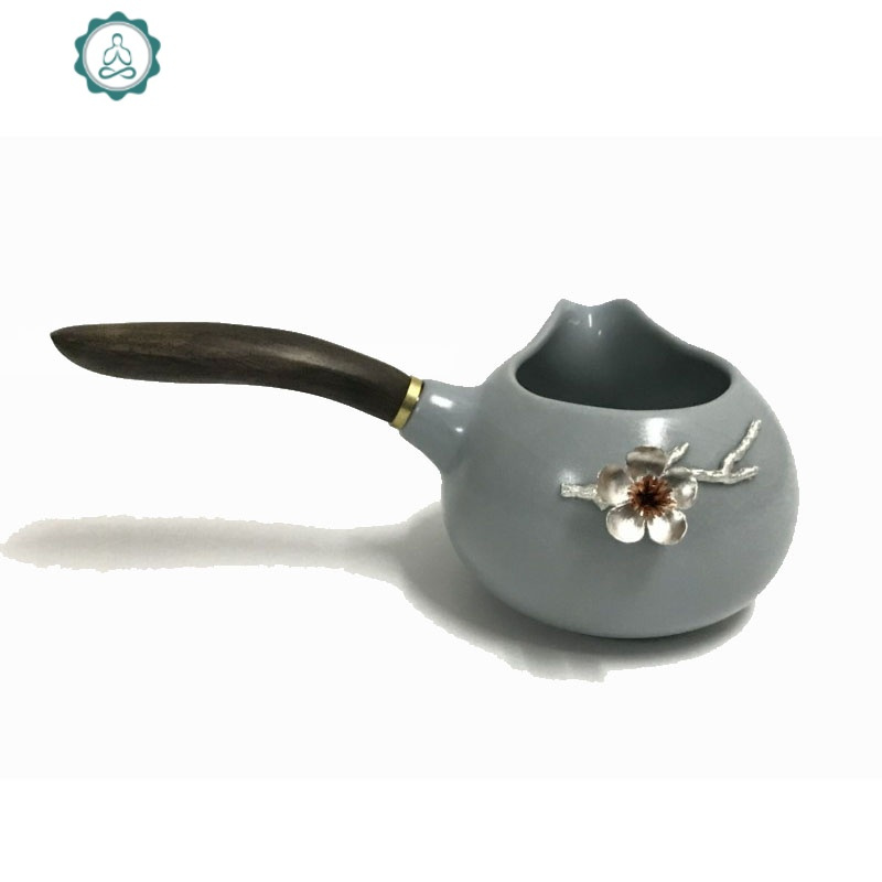 汝窑镶锡侧把公道杯汝瓷开片木柄分茶器大号陶瓷茶海功夫茶具配件 封后 汝窑侧把花梨木镶锡蝴蝶吊坠公道杯